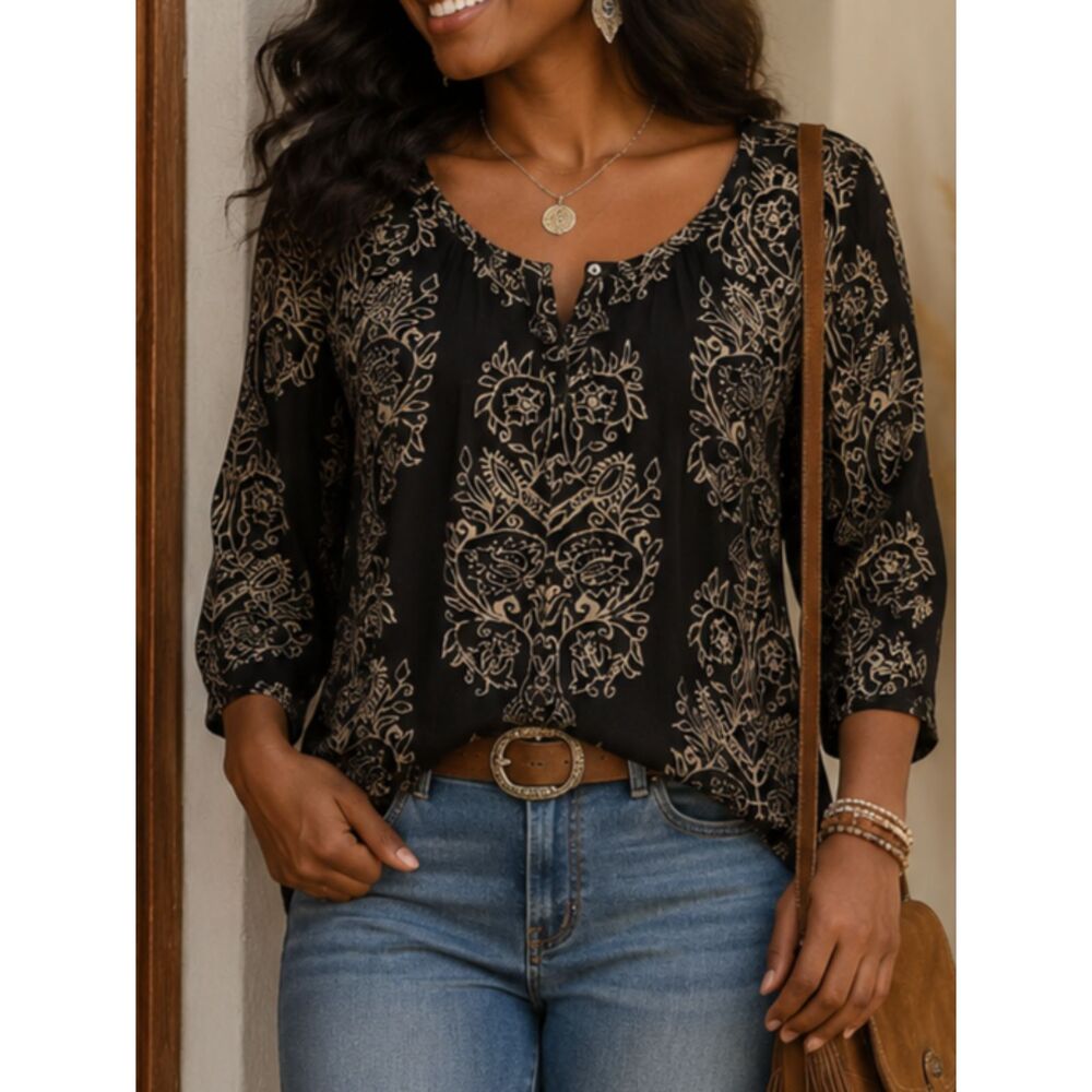 Lucky Brand Boho Floral Peasant Tunic Top Black Cream 3/4 Sleeve Medium M